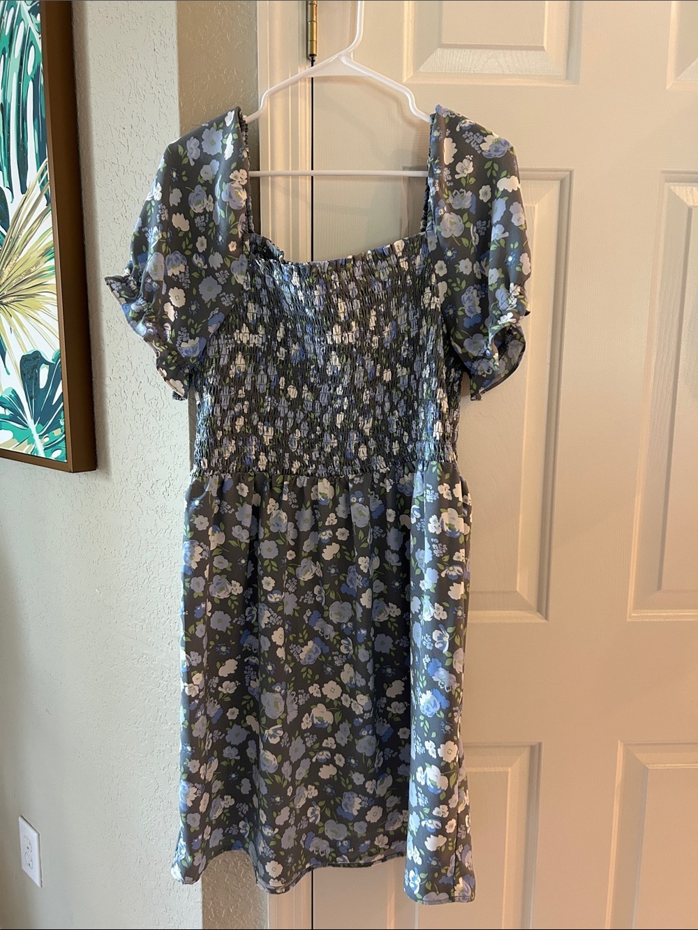 LOFT Blue Floral Smocked Puff-Sleeve Dress